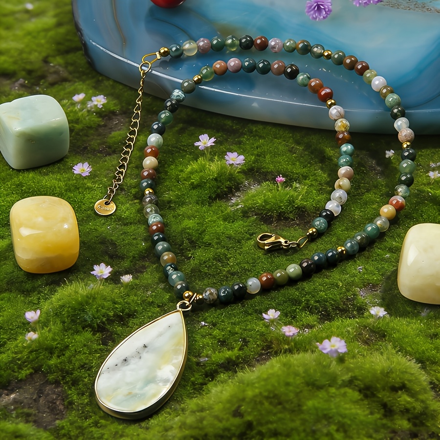 Retro Amazonite Teardrop Pendant Agate Necklace, Gift for Mom